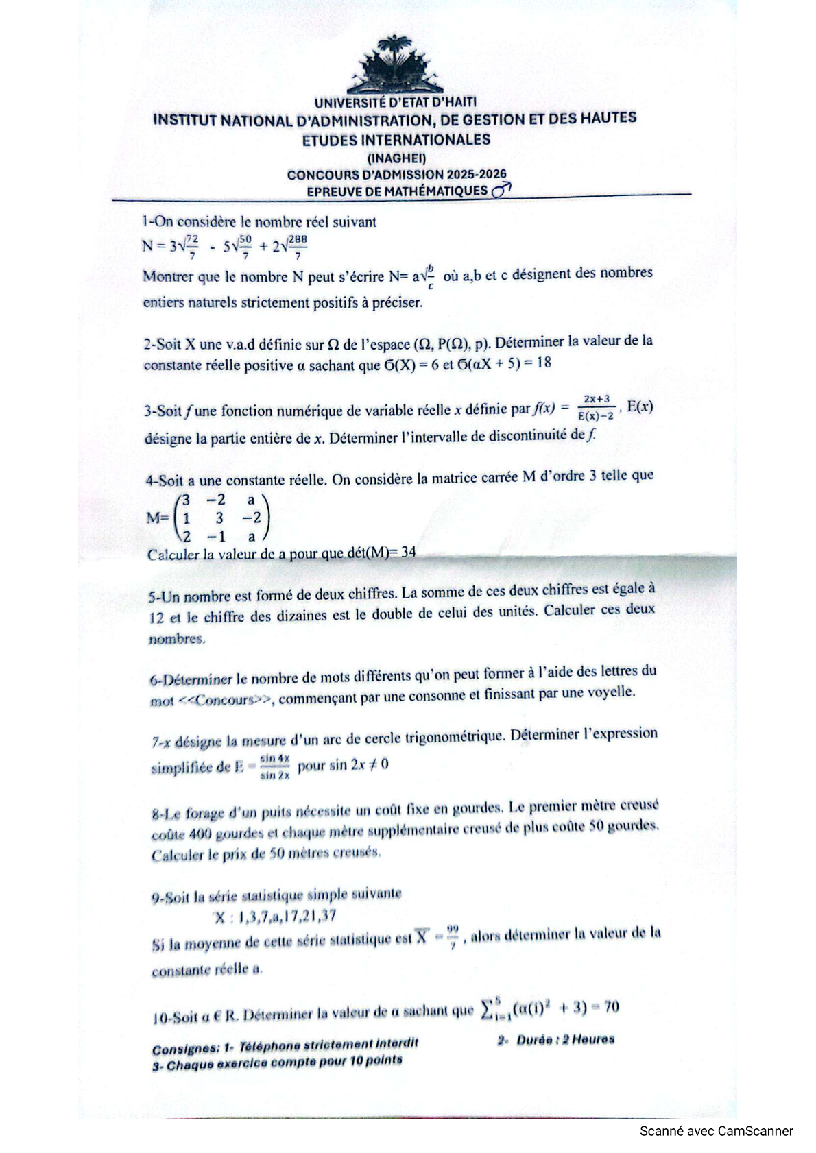 Concours d'admission à l'ueh pour inaghei pdf 2025 épreuve mathématiques