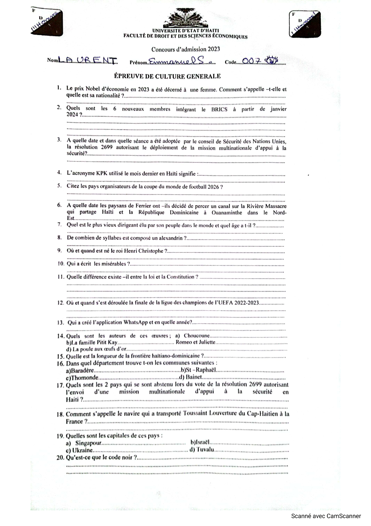 Concours FDSE, connaissances générales 2015 pdf