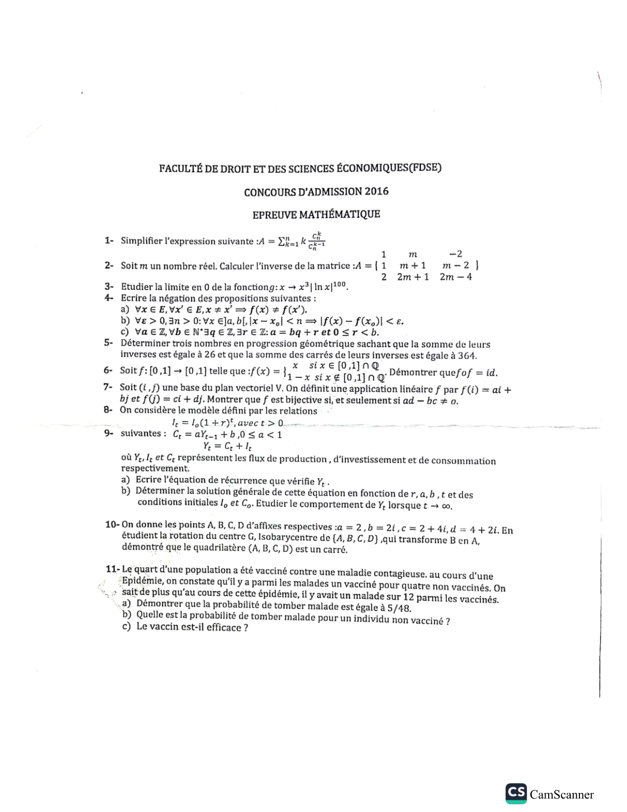 Mathématiques Concours FDSE 2016 - 2022